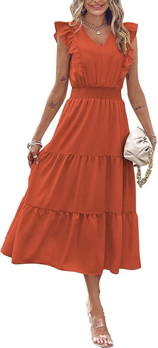 Women's Rust V-Neck Ruffle-Sleeve Tiered Maxi Dress